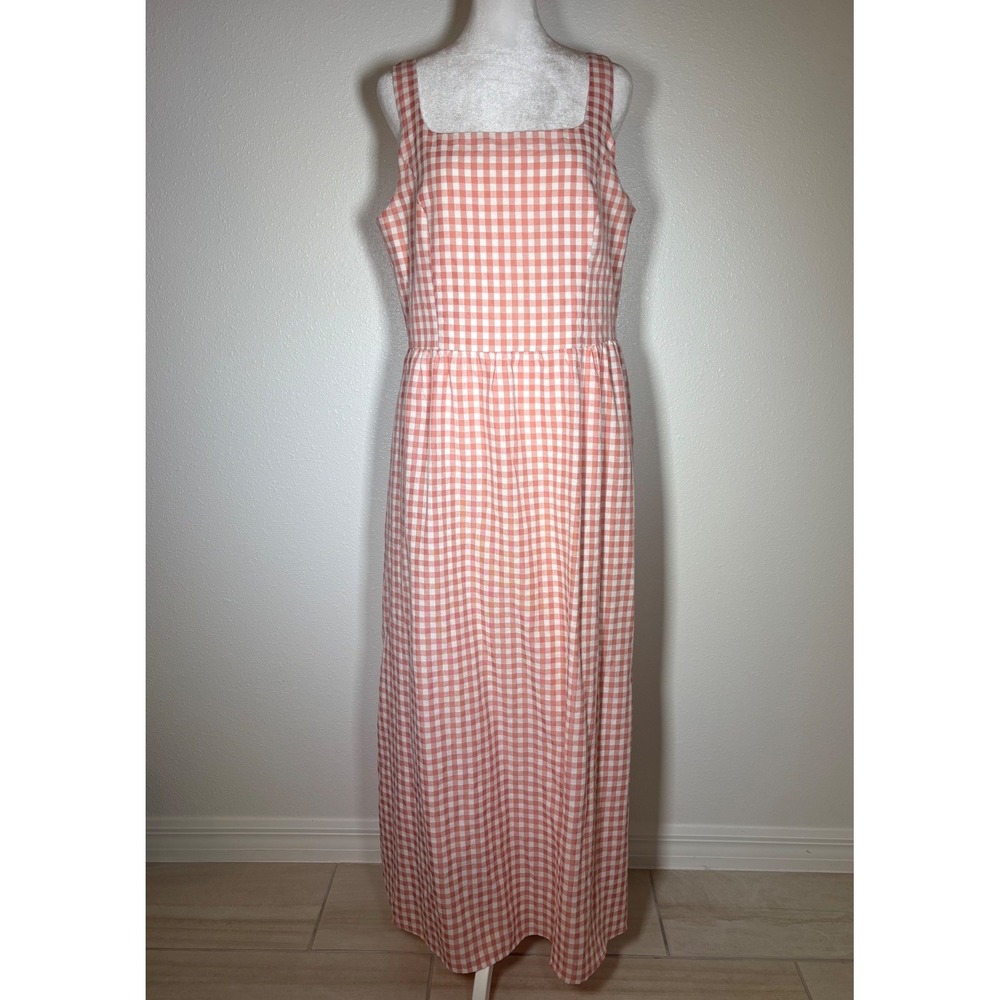 Cottagecore Prairie Coquette Romantic Pink Gingham Maxi Dress Square Neck Large